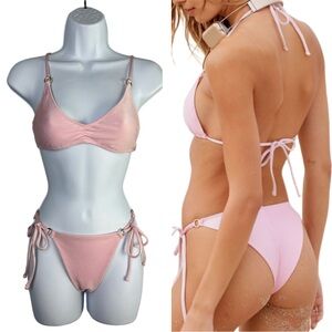 Aerie Cheekier Shine Rib Tie Bikini Swimsuit Set Small Parfait Pink Textured
